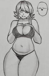 1girls aapendooors bangs big_breasts cameltoe english_text grin grinning heart holding_breast inviting lingerie murder_drones nori_(murder_drones) one_eye_closed smile smiling text thick_thighs tied_hair wide_hips wink