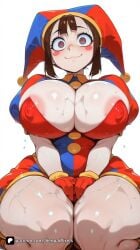 1girl ai_generated alternate_breast_size areola_slip artist_name bangs blue_eyes blush_stickers bracelet breasts brown_hair cleavage closed_mouth covered_nipples digital_circus dress fortnite glitch_productions gloves hat heart huge_breasts jester_cap looking_at_viewer pomni pomni_(the_amazing_digital_circus) puffy_sleeves questionable red_gloves seiza short_hair short_sleeves simple_background sitting smile solo sweat symbol-shaped_pupils the_amazing_digital_circus thick_thighs thighs white_background