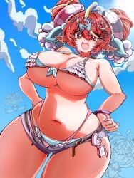 :d bikini blue_sky blush clouds curvy double_bun female female_only hands_on_hips happy huge_breasts pointy_ears red_hair smile swimsuit thick_thighs voluptuous voluptuous_female wide_hips