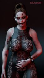 1girls 3d areolae big_breasts breasts brown_hair capcom corrupted corruption excella_gionne female large_breasts lesions monster_girl nipples nipples_visible_through_clothing pale-skinned_female pale_skin red_eyes resident_evil sija_art solo undead zombie zombie_girl