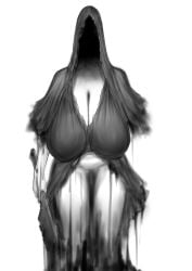 big_breasts bloodborne cleavage cloak faceless faceless_character faceless_female female female_only fromsoftware gigantic_breasts hood hood_up huge_breasts mergo's_wet_nurse monochrome monster_girl sagging_breasts solo unseen_female_face veil weapon