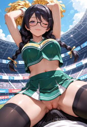 1boy 1girl ai_generated arms_up black_hair bulge cheerleader cheerleader_uniform crop_top from_below glasses hair_clip hair_ornament hanekawa_tsubasa looking_at_viewer low_twin_braids medium_breasts milfhunter228 miniskirt monogatari_(series) one_eye_closed outdoors pom_poms pov purple_eyes pussy shiny_skin sitting_on_person smile stadium thighhighs twin_braids