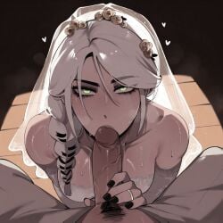 1boy 1girls ai_generated black_nails blowjob braid bride bride_veil cd_projekt_red ciri falewii fellatio female green_eyes light-skinned_female light-skinned_male light_skin looking_at_viewer male mascara oral oral_penetration oral_sex penis penis_grab sucking_penis the_witcher_(series) the_witcher_4 wedding_dress wedding_veil wet_body white_hair