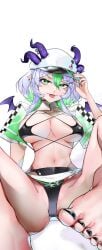 1girl 1girls bikini black_bikini black_nails breasts cleavage colored_inner_hair commentary demon_girl demon_horns demon_wings feet female froot green_eyes green_hair grey_hair hair_ornament hat highres horn_piercing horns horns_through_headwear indie_virtual_youtuber large_breasts multicolored_hair multiple_horns navel pointy_ears purple_horns race_queen short_hair shrug_(clothing) skirt sleeplessrhythm solo spread_legs star_(symbol) star_print streaked_hair swimsuit tits toes untranslatable_commentary virtual_youtuber vtuber white_background white_shrug white_skirt wings x_hair_ornament