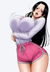 ai_generated beautiful_girl big_breasts big_legs black_hair boa_hancock looking_at_viewer nervous one_piece open_mouth provocative_clothing provocative_pose shorts without_clothes yashin