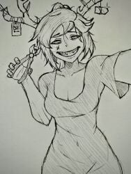 1girls aapendooors antlers blood character_request cleavage creepy creepy_smile dress medium_breasts messy_hair navel pliers short_hair smile smiling teeth wide_hips