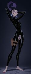 ai_generated arms_behind_head crotch_cutout elderly_female gilf latex_bodysuit pussy skinny_female standing the_emperor's_new_groove thigh_holster yzma