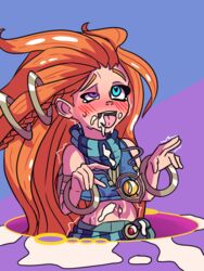 1girls ahe_gao bottomwear bulge clothing cum cum_everywhere cum_through female_only flustered ginger heart heart-shaped_pupils inflation league_of_legends long_hair long_hair_female open_mouth orange_hair portal riot_games silverplatin solo tongue tongue_out topwear zoe_(league_of_legends)