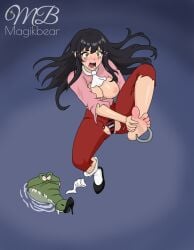 ascot barefoot blushing captain_hook crocodile exposed_breasts genderswap_(mtf) green_eyes one_breast_out one_shoe one_sock peter_pan_(disney) rule_63 runny_makeup striped_panties tick_tock_crocodile torn_clothes
