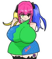 1girl chubby chubby_female colorful_hair cyclea deuce_jeuce extreme_demon futarosaiina geometry_dash green_eyes huge_breasts light-skinned_female poocu_(geometry_dash) self_upload thick_thighs thighhighs