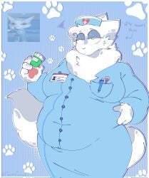 animal_hospital blue_background cat cat_ears cat_humanoid chubby chubby_female eyelids fluffy fluffy_tail head_nurse_(animal_hospital) holding_pill_bottle neck_fluff nurse_clothing nurse_hat nurse_outfit nurse_uniform pawpad paws roblox roblox_game spots_(marking) text