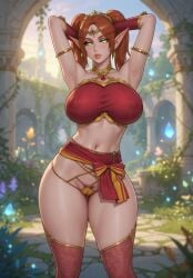 1girls ai_generated architecture archway armlet armpit_crease armpits arms_behind_head auburn_hair belly_button blizzard_entertainment blood_elf bow_knot bracers busty cameltoe choker circlet cloth_belt criss-cross_straps dancer dancer_outfit earrings elf elf_ears elf_female eyelashes fabric_belt fantasy fantasy_world female female_only glowing_eyes gold_trim green_eyes hair_ornament half-closed_eyes hourglass_figure large_breasts light-skinned_female long_eyebrows looking_at_viewer midriff narrow_waist nipples_visible_through_clothing outdoors particles pigtails pubic_hair_peek revealing_clothes rgomez007 ruins seductive_look self_upload side_swept_bangs skimpy_clothes solo_female stable_diffusion thick_lips thick_thighs thighhighs tied_clothing waist_chain warm_lighting wide_hips world_of_warcraft