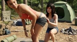 2girls 3d 3d_animation ai_generated ass ass_worship black_body black_hair camping campsite chair female forest grey_panties grok kissing_ass mp4 navel panties shorts smothering_ass sound supplies tagme tents thicc_ass thick_ass trees underwear video wood yuri