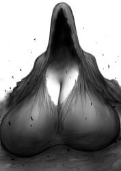big_breasts bloodborne cleavage faceless faceless_character faceless_female female female_only fromsoftware fully_clothed gigantic_breasts hood hood_up huge_breasts mergo's_wet_nurse monochrome sagging_breasts solo upper_body veil