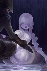 1boy 1girls bloodborne closed_eyes ekrea_jan female female_focus fromsoftware hair_over_one_eye hunter_(bloodborne) male medium_breasts mollusk mollusk_humanoid monster_girl no_nipples open_mouth slime slime_hair snail snail_girl snail_woman_(bloodborne) solo_focus white_body white_hair white_skin