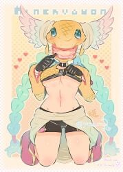 1girl artist_request big_breasts blush digimon digimon_(species) female female_only licking_lips minervamon monster_girl solo solo_female spats thick_thighs tongue_out underboob