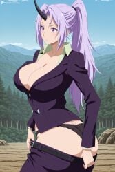 1girl ai_generated ass belt black_belt black_horns black_panties blue_sky breasts cleavage closed_mouth clothes_pull cloud collarbone collared_shirt day digitalwaifugallery forest formal hi_res high_quality high_resolution horns jacket large_breasts long_hair long_sleeves mountain nature oni outdoors panties pants pants_pull patreon ponytail purple_eyes purple_hair purple_jacket purple_pants seductive sexy shion_(tensei_shitara_slime_datta_ken) shirt single_horn sky solo standing suit tensei_shitara_slime_datta_ken tree uncensored underwear watermark