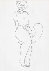 4_toes anthro bottomless claws clothed clothing curvy_figure curvy_hips domestic_cat fangs felid feline felis genitals girly hi_res krocialblack leo_(vg_cats) male mammal paws penis shirt solo solo_male thick_thighs toes topwear traditional_media_(artwork) vg_cats webcomic