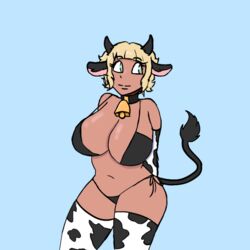 breasts cow_ears cow_girl cow_horns cow_print cowbell dirkstridoritos dirkstridoritos_(artist) green_eyes large_breasts original_character tan