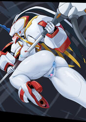 action_pose anus ass blush bodily_fluids breasts censored darling_in_the_franxx female genital_fluids genitals heart hi_res humanoid looking_back machine melee_weapon pochincoff polearm pose pussy pussy_juice robot robot_humanoid simple_background solo spear strelizia studio_trigger weapon