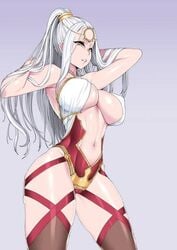 ass bikini_armor cleavage epic7 female hair_ornament judge_kise_(epic7) large_breasts long_hair looking_at_viewer skimpy_clothes smiling unknown_artist white_hair yellow_eyes