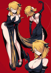 bare_thighs big_breasts blonde_hair cleavage clothed_female cynthia_(pokemon) female female_focus female_only hair_over_one_eye high_heels huge_breasts pokemon pokemon_dppt short_hair solo solo_female solo_focus suzusiigasuki