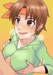 1boy 1girls big_breasts breasts brown_eyes brown_hair clothed_paizuri color cum cum_between_breasts cum_on_breasts cum_on_face ejaculation_between_breasts female fire_emblem fire_emblem:_thracia_776 headband heavy_breathing konomiminoko large_breasts low_res male nintendo open_mouth open_smile paizuri paizuri_under_clothes short_hair smile straight tanya_(fire_emblem) tomboy