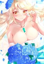 1girls 2020 absurd_res arm_up bare_shoulders bikini blonde_hair blue_rose blush bouquet breasts chest_jewel cleavage clothing dress earrings eyebrows_visible_through_hair female female_only flower hair_flower hand_in_hair highres holding_bouquet jewelry large_breasts long_hair mythra nintendo petals risumi_(taka-fallcherryblossom) rose smile solo standing swimsuit tiara veil water wedding_dress white_bikini xenoblade_(series) xenoblade_chronicles_2 yellow_eyes