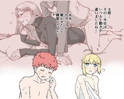 1boy 2girls after_sex ahoge artoria_pendragon banned_artist barefoot bed_sheet blonde_hair blue_eyes bottomless closed_eyes collarbone commentary emiya_shirou fate/stay_night fate_(series) glasses japanese_text long_hair lying male medusa_(fate) mo_(kireinamo) multiple_girls nude on_stomach open_mouth orange_hair pillow raglan_sleeves rider saber sepia sex sex_from_behind sheet_grab short_hair smile sweat sweater translation_request turtleneck turtleneck_sweater very_long_hair