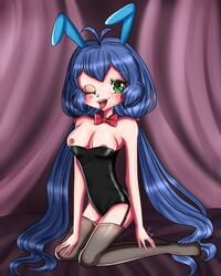 big_breasts blue_hair bunny_ears bunnysuit fnafhs fnafhs_z3ro green_eyes long_hair usagi_(fnafhs)