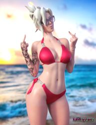 1girls 3d beach bikini blonde_hair double_middle_finger legs mercy middle_finger milapone overwatch red_bikini render tagme tattoo tattoos