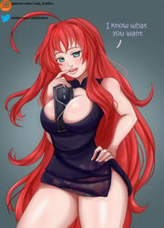 1girls bangs blue_eyes blush commentary commentary_request commission demon demon_girl dress dress_lift female finger_to_mouth game graphics_card high_school_dxd ladyendsm large_breasts long_hair looking_at_viewer neckline nvidia open_mouth plump plump_lips red_hair rias_gremory smile solo thick_thighs video_card wide_hips