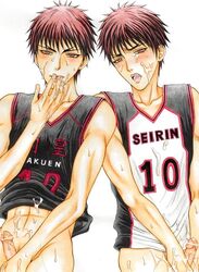 2boys basketball_uniform blush cum cum_in_mouth gay kagami_taiga kuroko_no_basuke male penis red_eyes red_hair short_hair taiga_kagami white_background yaoi