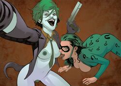 2girls ass batman_(series) bodysuit breasts breasts_out brown_eyes clothed clothed_female_nude_female dat_ass dc dc_comics domino_mask earrings female female/female female_focus female_only genderbent genderswap genderswap_(mtf) green_bodysuit green_fingernails green_hair green_lipstick green_tie gun hairy_pussy happy human human_only jacket joker laugh licking licking_breast light-skinned_female light_skin long_hair looking_at_viewer multiple_girls nude nude_female open_mouth purple_gloves purple_jacket pussy red_lipstick riddler rule_63 shade_jones short_hair tie tie_between_breasts tongue white-skinned_female white_skin yuri