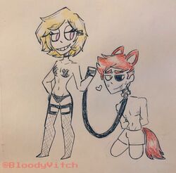 ann_chica_(fnafhs) blonde_hair bondage chica_(fnafhs) dominant_female dominatrix fnafhs fnafhs_bondage fnafhs_z3ro foxy_(fnafhs) male malesub red_hair