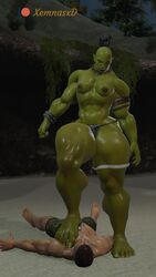 1boy 1girls 3d 3d_(artwork) breasts feet female green_skin male muscular muscular_female nipples orc orc_female skargla stomping topless xemnasxd