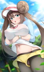 1girls big_breasts blue_eyes blush brown_hair cap double_bun eye_contact hat large_breasts lomocya long_hair looking_at_viewer nintendo nipple_bulge pale-skinned_female pale_skin panties pantyhose pokemon pokemon_bw2 rosa_(pokemon) shirt_lift twintails