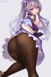 ass bare_shoulders blush breasts dress embarrassed female from_behind genshin_impact gloves hair_ornament hairpin huge_ass iwbitu iwbitu-sa keqing_(genshin_impact) long_hair looking_at_viewer looking_back pantyhose purple_eyes purple_hair shiny shiny_hair short_dress sideboob skirt solo twintails very_long_hair