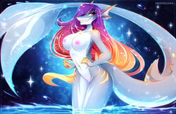 2020 5_fingers anthro areola breasts digital_media_(artwork) eyebrows eyelashes female fingers fish gravedust hair koveliana marine midriff navel nipples non-mammal_breasts nude original_character partially_submerged purple_hair shark smile solo standing