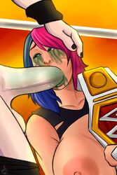 1boy 1girls alternate_breast_size asuka_(wwe_diva) big_breasts blowjob breasts celebrity champion championship_belt fellatio female holding_head huge_breasts large_breasts male oral pranky straight unseen_male_face wwe wwe_raw_women's_championship_belt wwe_womens_championship_belt