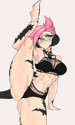 abs au_ra blue_eyes final_fantasy final_fantasy_xiv fishnet fishnet_swimsuit glasses kyari_layarte leg_up pentagram_harness pink_hair shnibbles tattoo xaela