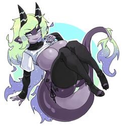 :p altair_(florazart) animal_ears anthro bent_knees big_breasts black_legwear blue_hair breast_press countershading dragon_girl female female_only grey_eyes grey_skin horns large_breasts legwear light_green_hair long_hair looking_at_viewer multicolored_hair scales scalie shiny_hair shirt shirt_up slit_pupils solo solo_female tail tail_tuft thick_thighs very_high_resolution white_background wide_hips zanamaoria