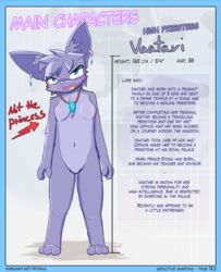 anthro blue_eyes character_profile comic comic_page conditional_dnp english_text featureless_crotch felid female fur hi_res inkbunny_username jewelry mammal nude page_17 page_number part_2 purple_body purple_fur ryoku solo text vaatari