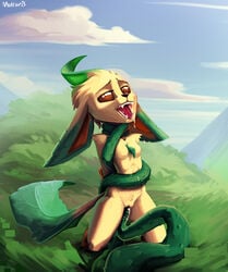 anthro bodily_fluids breasts cloud eeveelution featureless_breasts female genital_fluids genitals grass hi_res leafeon mulebris nintendo open_mouth outside penetration pokemon pokemon_(species) pussy pussy_juice sky solo tongue vaginal_penetration video_games vine_tentacles