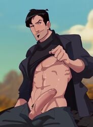 1male abs black_hair clothing dean_mccoppin erection gay goatee iron_giant kaito_draws male male_only male_pubic_hair partially_clothed pubic_hair treasure_trail uncut yaoi