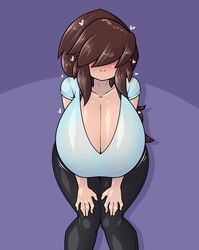 1girls :) bent_forward big_breasts big_hair black_pants breasts brown_hair busty c: cleavage clothed clothed_female clothing emo_hair female female_only front_heavy_breasts fully_clothed hair hair_over_eyes hands_on_own_knees hands_on_own_thighs hands_on_thighs hanging_breasts happy happy_female heart huge_breasts knees_together knees_together_feet_apart large_breasts light-skinned_female light_skin limebreaker long_breasts long_cleavage looking_at_viewer maki_(hayaziku) medium_hair motion_lines obstructed_eyes original pants purple_background short_sleeves sidelocks small_but_busty smiling smiling_at_viewer solo standing thick_thighs thighs thunder_thighs tight_clothing tight_pants wide_hips