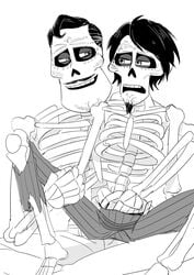 2boys black_and_white bone bones bulge coco_(movie) colorless disney elica_(artist) ernesto_de_la_cruz gasp gay goatee hand_on_crotch hector_rivera invisible_penis male male_only monochrome partially_clothed pixar rough_sketch sitting_on_lap skeleton thigh_grab white_background yaoi