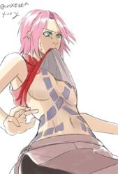 1girls areolae body_markings breasts clothed clothing crocetta_foxy erect_nipples female female_focus female_only fully_clothed green_eyes jacket light-skinned_female light_skin medium_hair naruto naruto_(series) naruto_shippuden nipples no_bra pink_hair pink_nipples sakura_haruno shirt_lift shirt_up shoulder_length_hair sleeveless sleeveless_shirt small_breasts solo solo_female solo_focus standing stomach sweat white_background