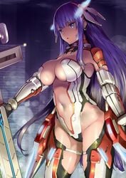 alternate_costume armor big_breasts blue_eyes curvy fate/grand_order fate_(series) hair_ornament huge_breasts mecha midriff purple_hair saint_martha staff thick_thighs uo_denim