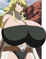 1girls akame_ga_kill! alternate_breast_size belt blonde_hair breasts breasts_bigger_than_head cloud edit edited female hyper hyper_breasts leone_(akame_ga_kill!) mountain navel photoshop redwizard screencap screenshot screenshot_edit smile solo top_heavy voluptuous yellow_eyes yellow_hair